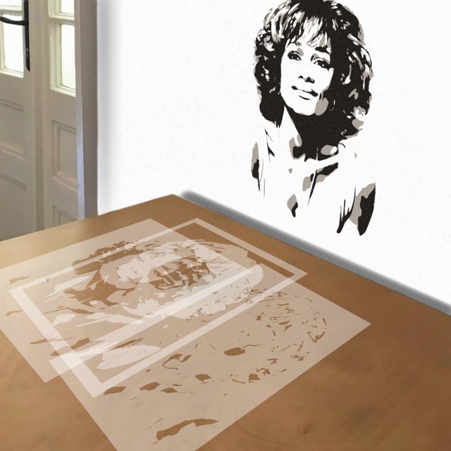 Whitney Houston stencil in 3 layers, simulated painting