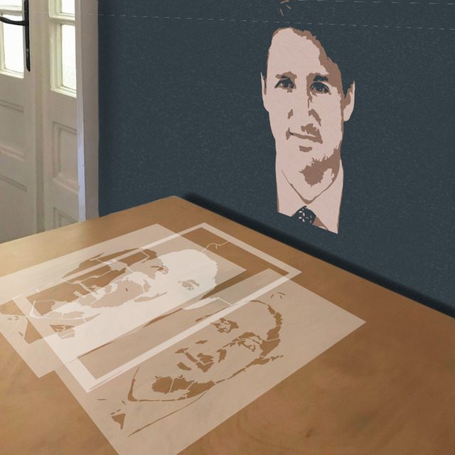 Justin Trudeau stencil in 3 layers, simulated painting