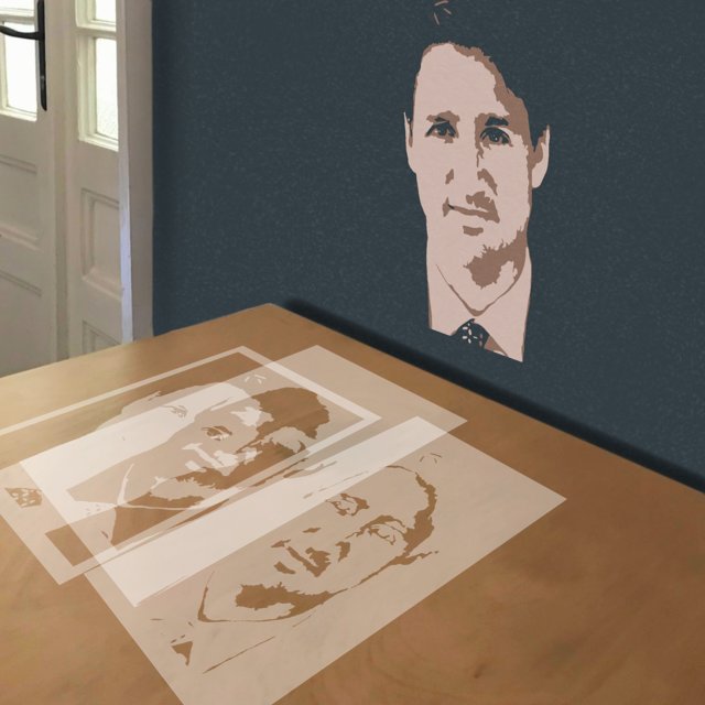 Justin Trudeau stencil in 3 layers, simulated painting