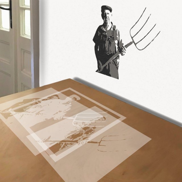 Farmer with Pitchfork stencil in 3 layers, simulated painting