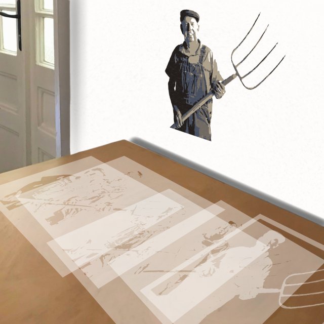 Farmer with Pitchfork stencil in 5 layers, simulated painting