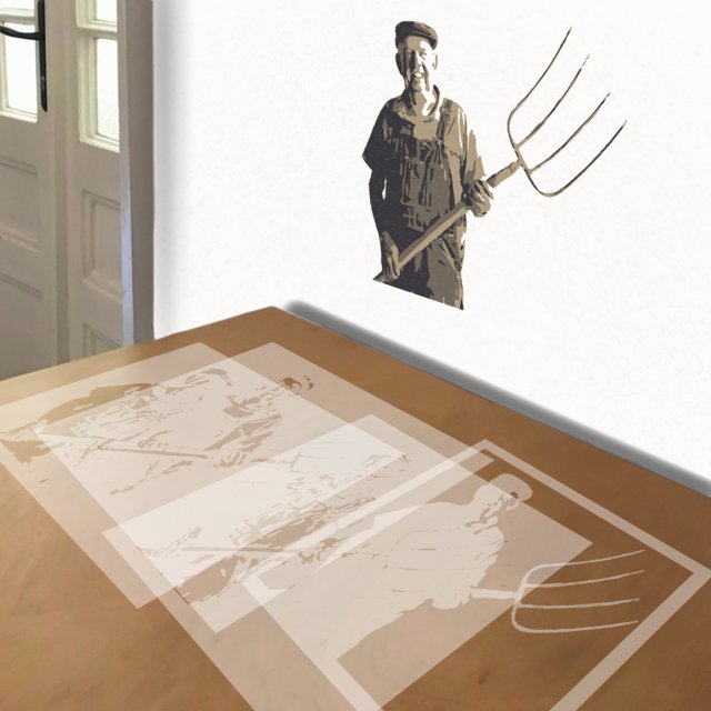 Farmer with Pitchfork stencil in 4 layers, simulated painting