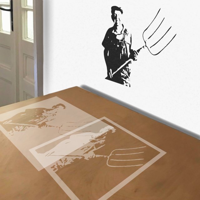 Farmer with Pitchfork stencil in 2 layers, simulated painting
