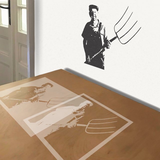 Farmer with Pitchfork stencil in 2 layers, simulated painting