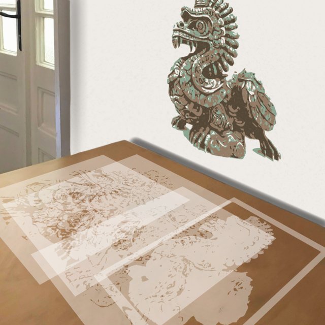 Quetzalcoatl stencil in 4 layers, simulated painting