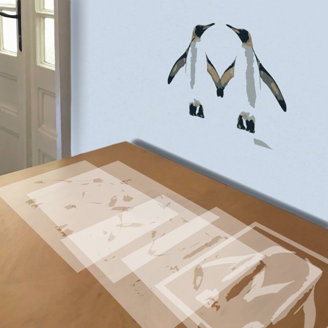 Penguins stencil in 5 layers, simulated painting