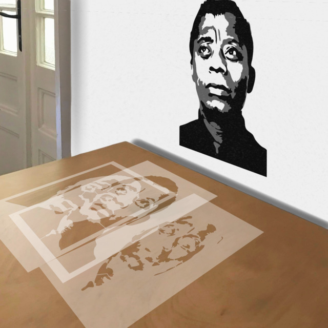 James Baldwin stencil in 3 layers, simulated painting