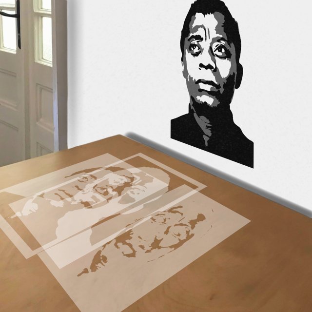 James Baldwin stencil in 3 layers, simulated painting