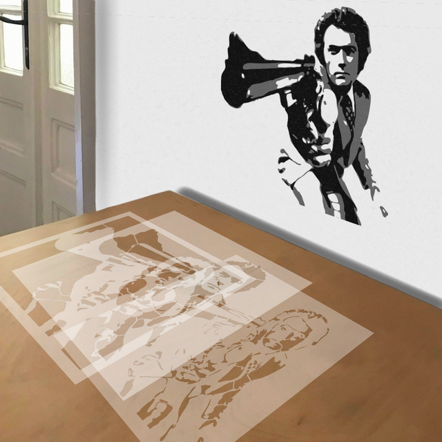 Dirty Harry stencil in 3 layers, simulated painting