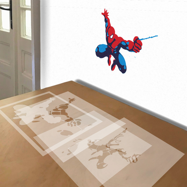 Spider-Man Swinging stencil in 4 layers, simulated painting