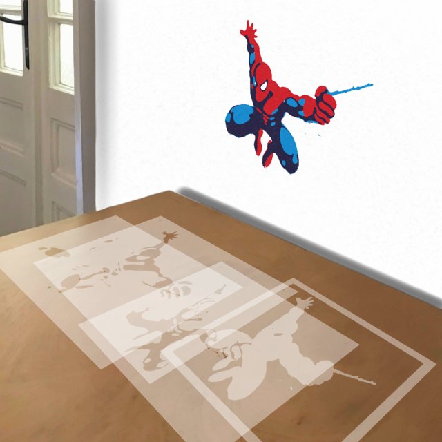 Spider-Man Swinging stencil in 4 layers, simulated painting