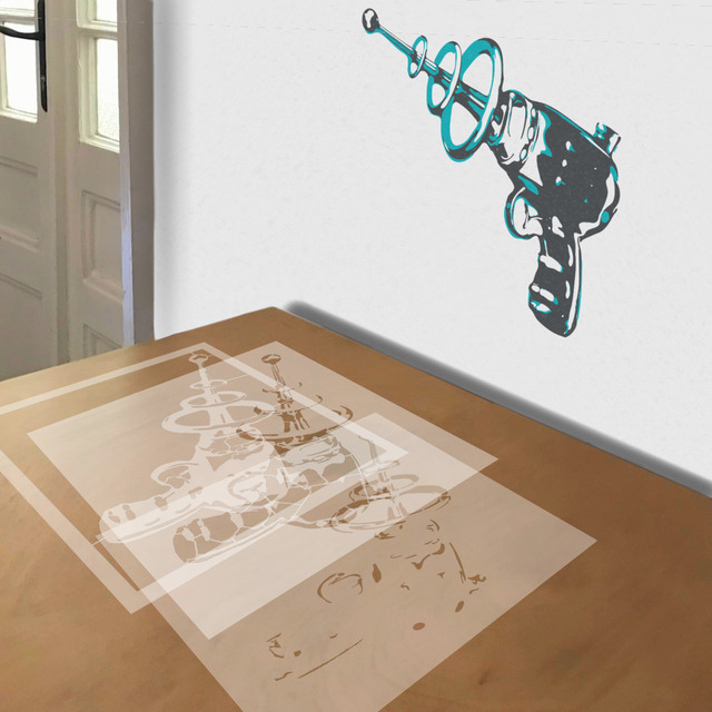 Ray Gun stencil in 3 layers, simulated painting