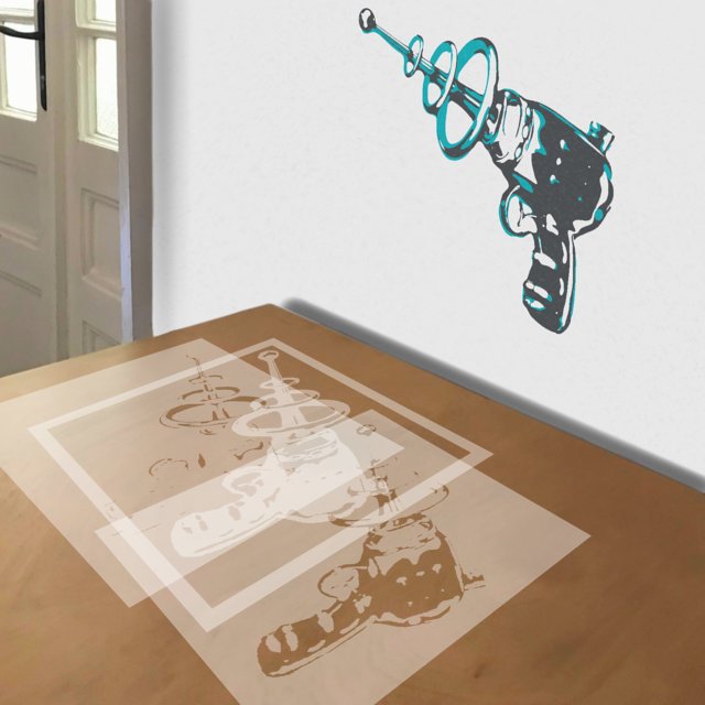 Ray Gun stencil in 3 layers, simulated painting