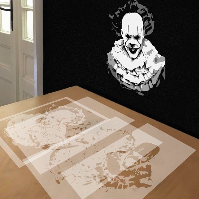 Pennywise stencil in 4 layers, simulated painting