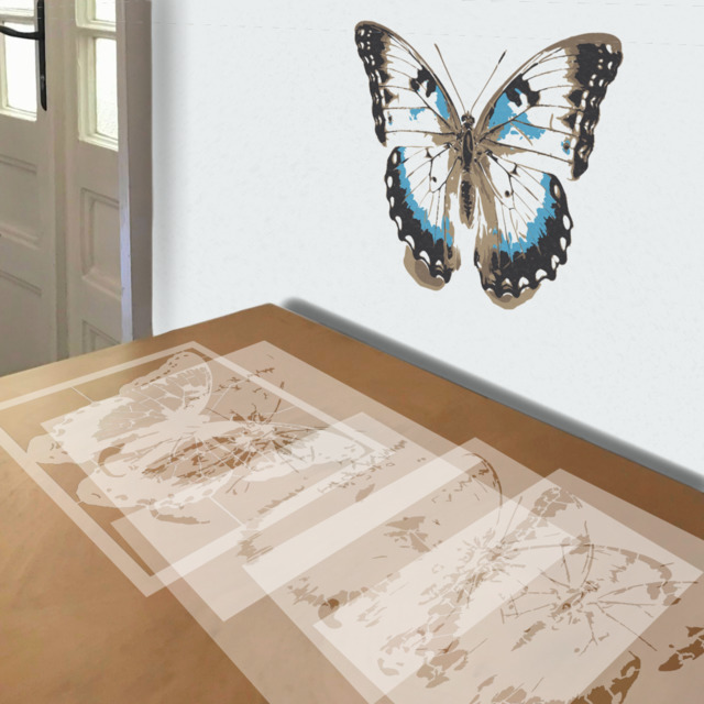Blue Clipper Butterfly stencil in 5 layers, simulated painting