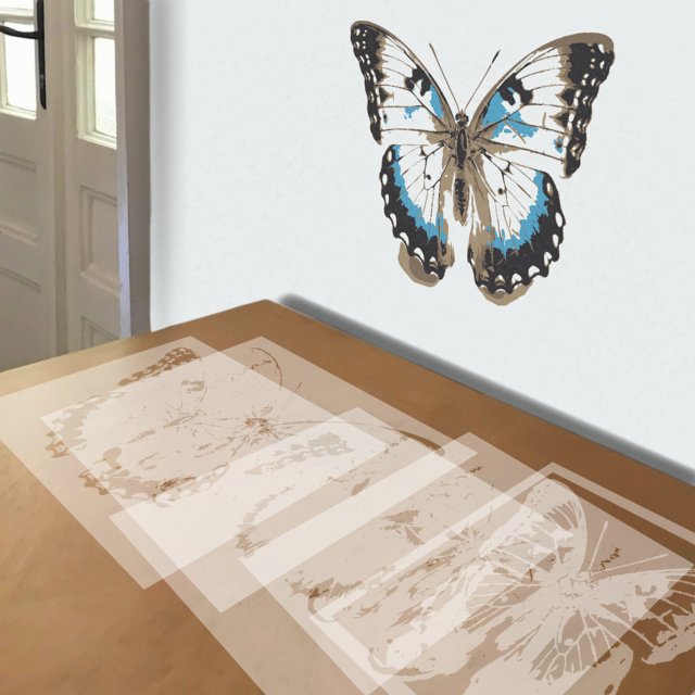 Blue Clipper Butterfly stencil in 5 layers, simulated painting