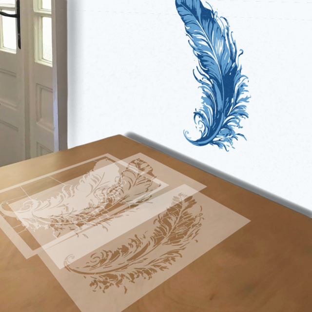 Feather stencil in 3 layers, simulated painting