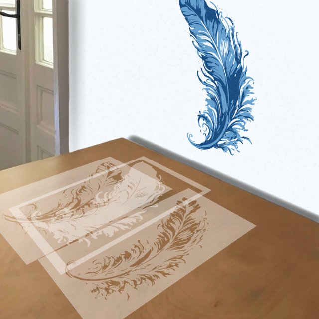 Feather stencil in 3 layers, simulated painting