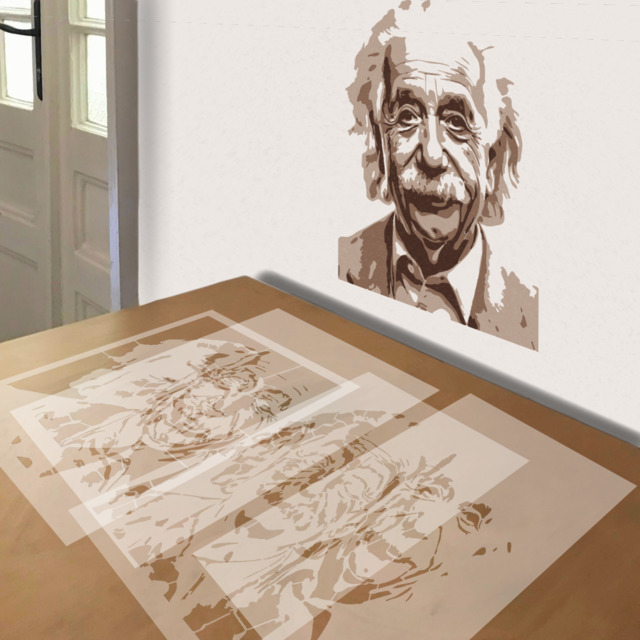 Albert Einstein stencil in 4 layers, simulated painting