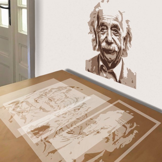 Albert Einstein stencil in 4 layers, simulated painting