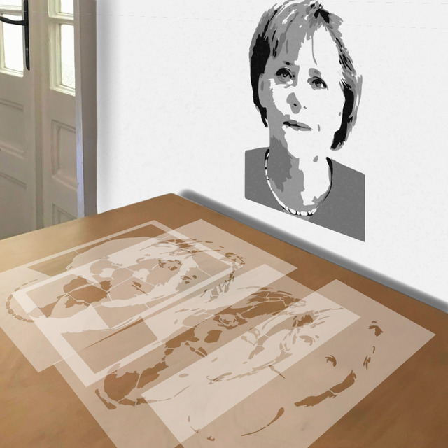 Angela Merkel stencil in 4 layers, simulated painting