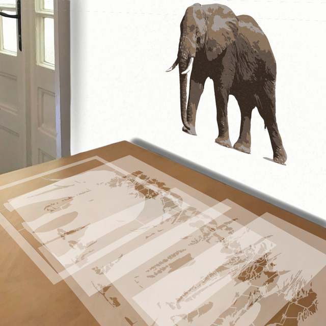 African Elephant stencil in 5 layers, simulated painting