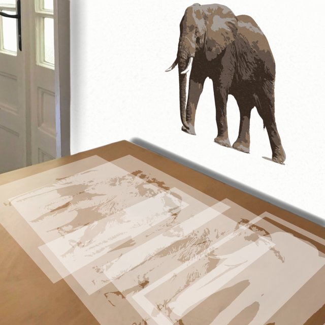 African Elephant stencil in 5 layers, simulated painting