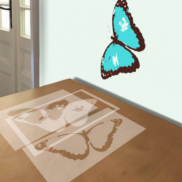 Blue Morpho Butterfly stencil in 3 layers, simulated painting