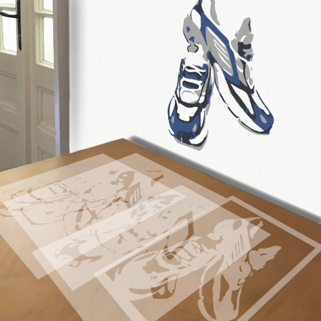 Running Shoes stencil in 4 layers, simulated painting