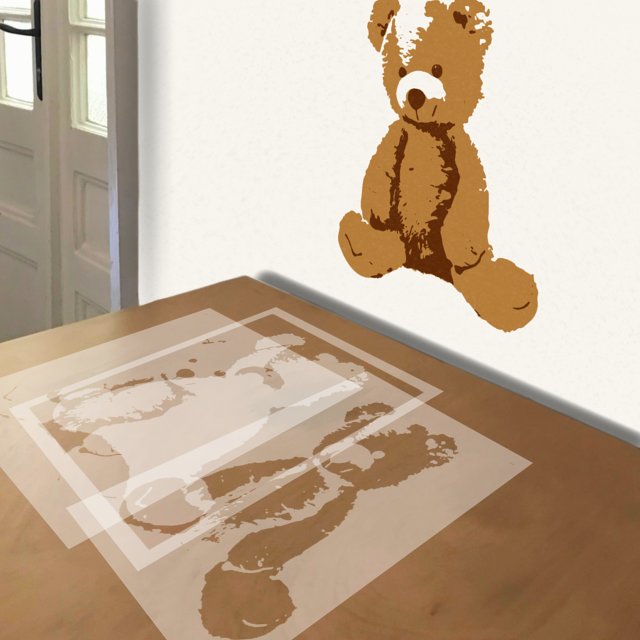 Teddy Bear stencil in 3 layers, simulated painting