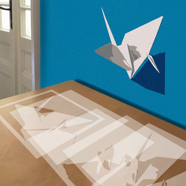 Paper Crane stencil in 5 layers, simulated painting