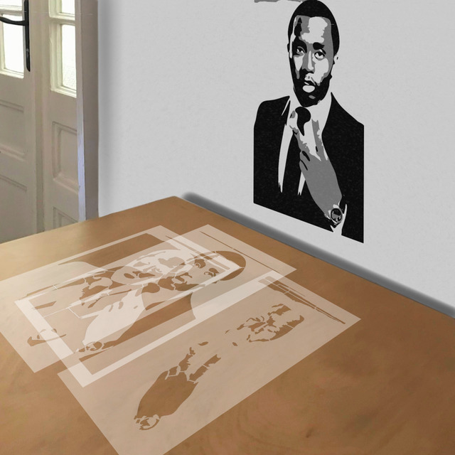 Sean Combs stencil in 3 layers, simulated painting