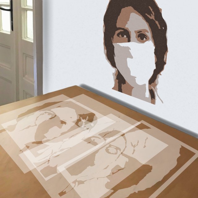 Woman Wearing Mask stencil in 4 layers, simulated painting