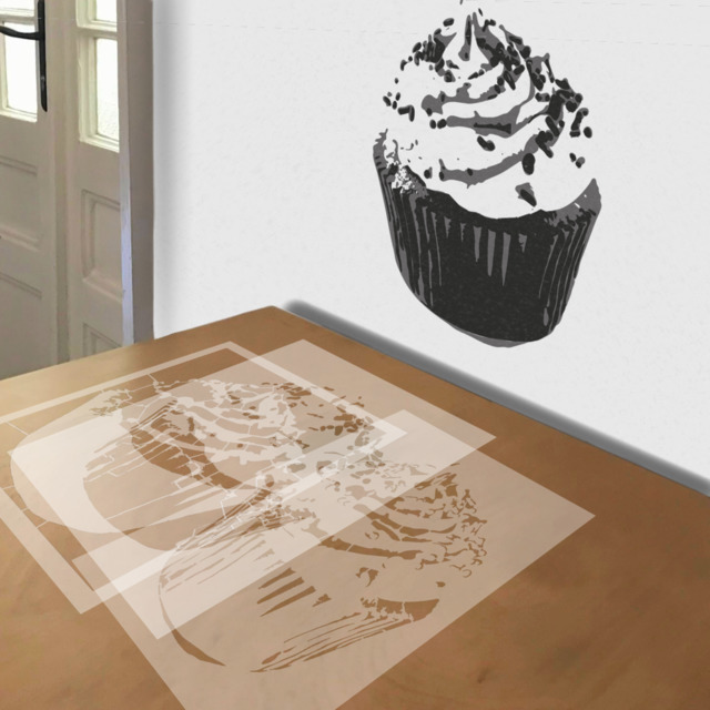 Cupcake stencil in 3 layers, simulated painting