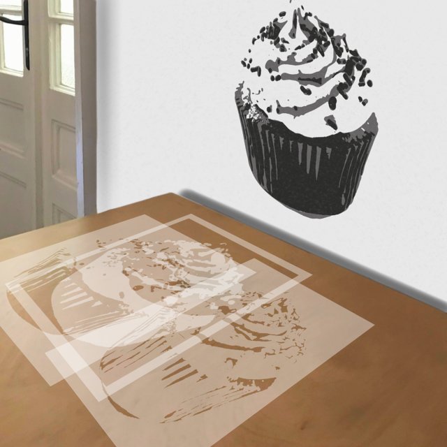 Cupcake stencil in 3 layers, simulated painting