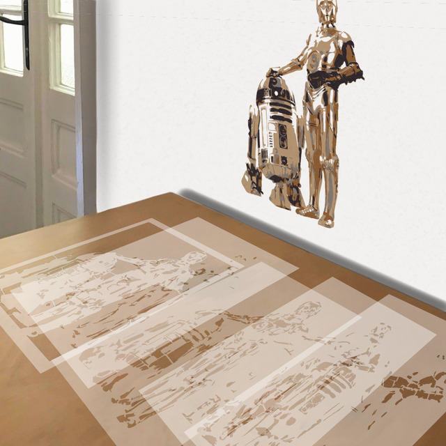R2-D2 and C-3PO stencil in 5 layers, simulated painting