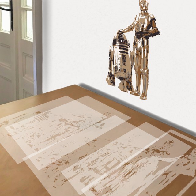 R2-D2 and C-3PO stencil in 5 layers, simulated painting