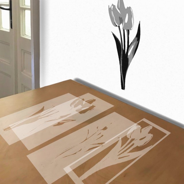 Tulips stencil in 4 layers, simulated painting