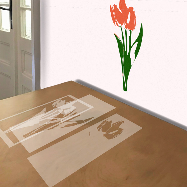 Tulips stencil in 3 layers, simulated painting