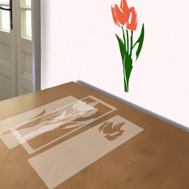 Tulips stencil in 3 layers, simulated painting