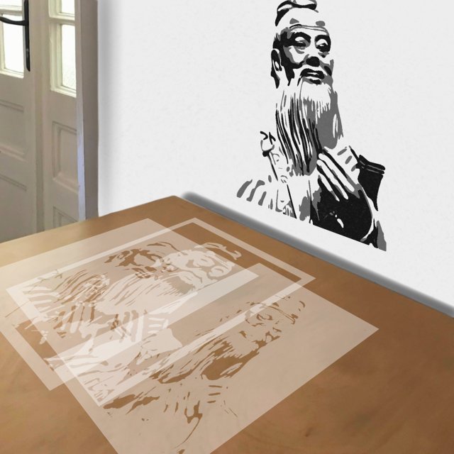 Confucius stencil in 3 layers, simulated painting