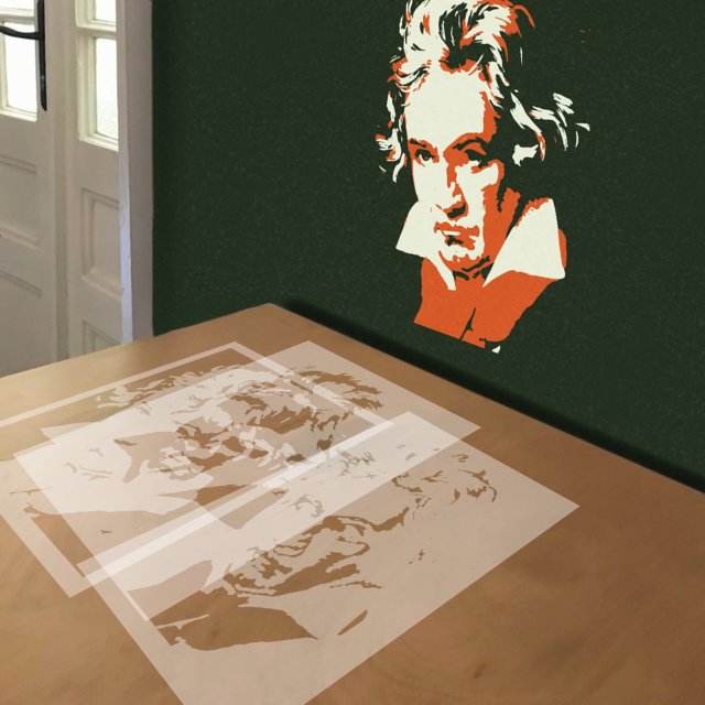 Ludwig van Beethoven stencil in 3 layers, simulated painting