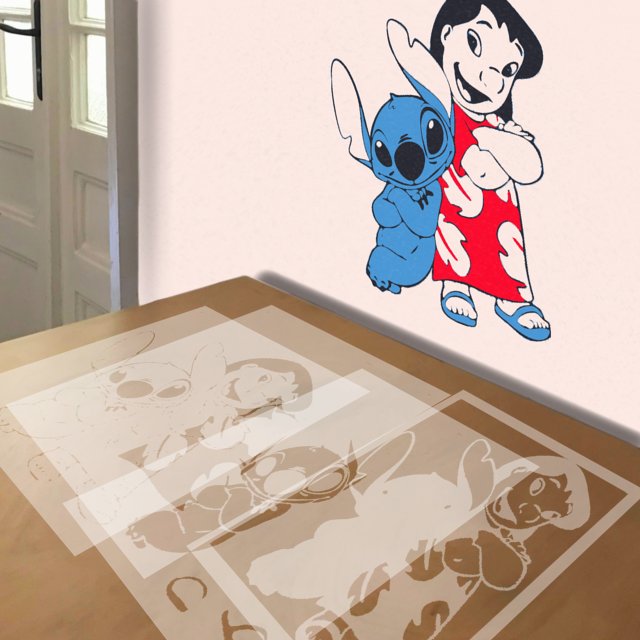 Lilo and Stitch stencil in 4 layers, simulated painting