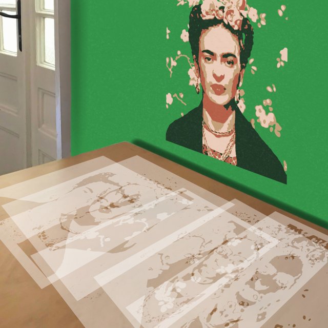 Frida Kahlo in Green stencil in 5 layers, simulated painting