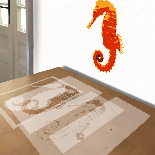Seahorse stencil in 4 layers, simulated painting