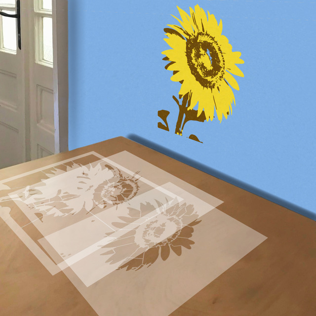 Sunflower stencil in 3 layers, simulated painting