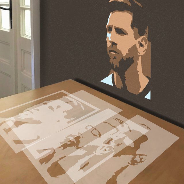 Lionel Messi stencil in 4 layers, simulated painting