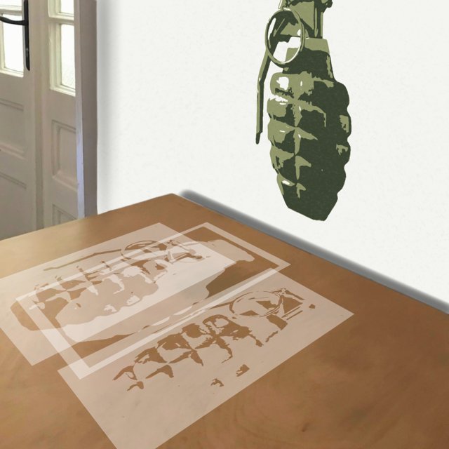 Hand Grenade stencil in 3 layers, simulated painting