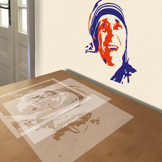 Mother Theresa stencil in 3 layers, simulated painting
