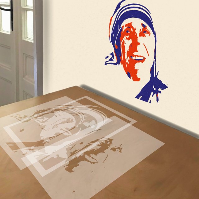 Mother Theresa stencil in 3 layers, simulated painting